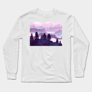 Dreamy Mountains with Fog in Pink and Indigo Long Sleeve T-Shirt